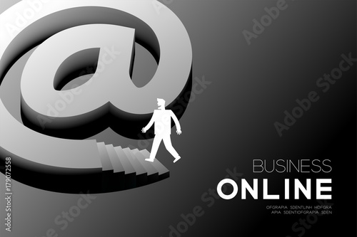 Business online marketing horizontal set, Businessman with At symbol stair concept idea illustration isolated on gradient background, and Business online text with copy space