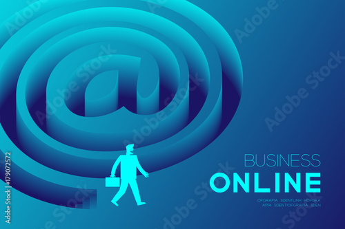 Business online marketing horizontal set, Businessman with At symbol stair concept idea illustration isolated on blue gradient background, and Business online text with copy space