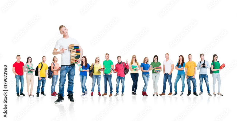 Obraz premium Large group of teenage students isolated on white background. Many different people standing together. School, education, college, university concept.
