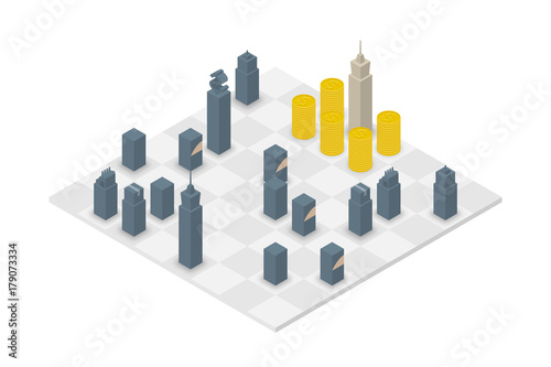 Business chess cube isometric 3d design set, Power of Money concept idea illustration isolated on white background