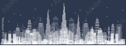Outline Dubai Skyline with City Skyscrapers. Front View Through Buildings.