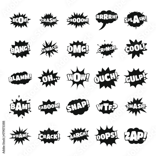 Comic bubble sound icons set, simple style
