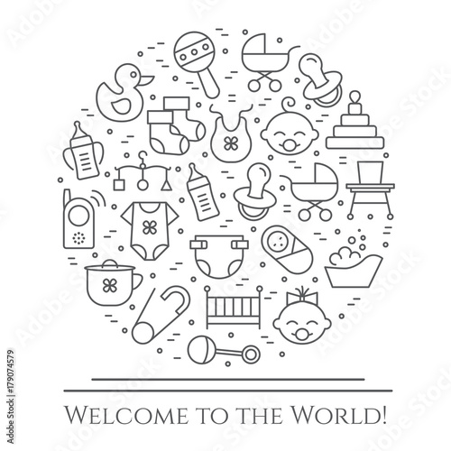 Baby theme horizontal banner. Pictograms of baby, pram, crib, mobile, toys, rattle, bottle, diaper, bathtub, cloth, bib and other newborn related elements. Line out symbols