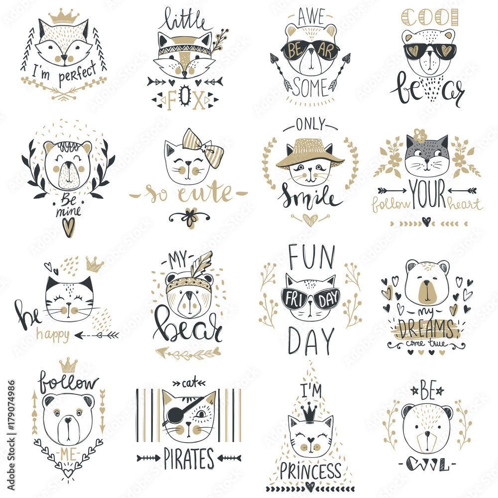 Big Vector collection with  cute animals. Set with teddy bears, cats, fox. Trendy design in sketch style  t-shirt print, cards, poster. Doodle kids series Funny characters. Cartoon art.