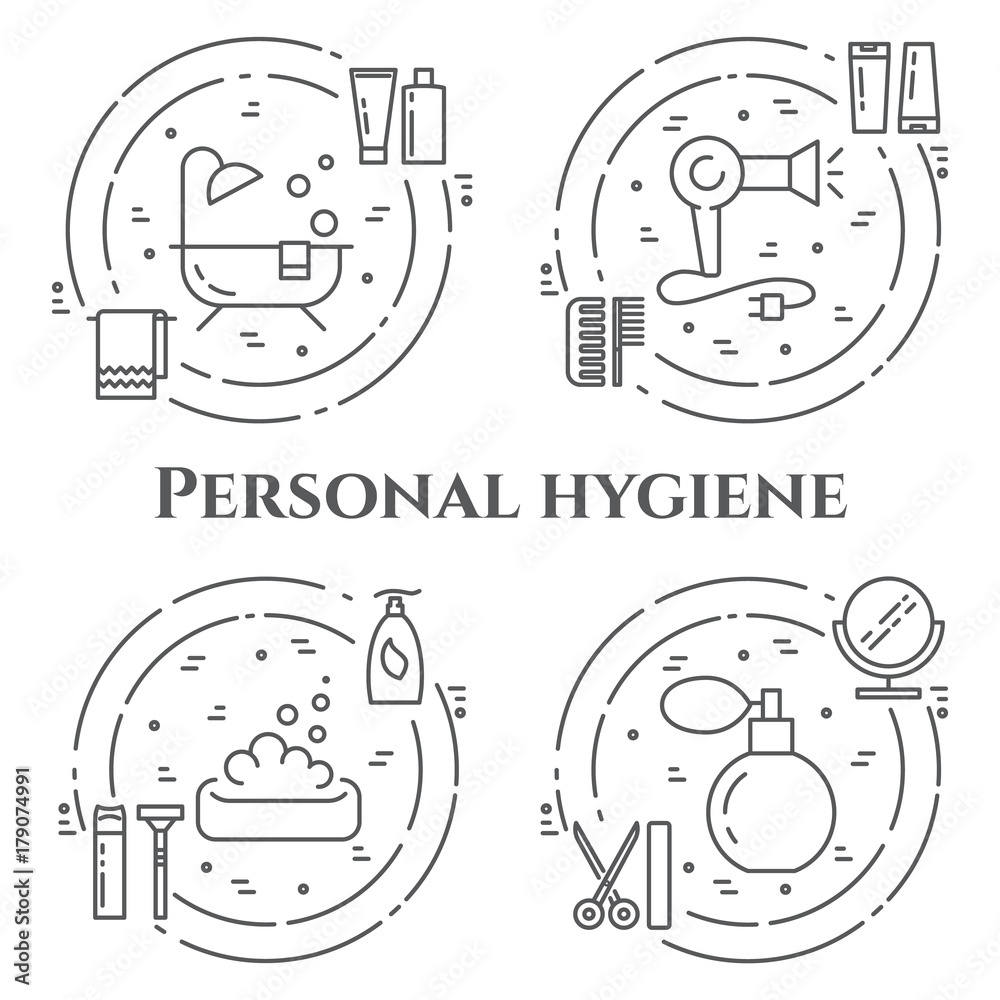 Personal hygiene line banner. Set of elements of shower, soap, bathroom, toilet, toothbrush and other cleaning pictograms. Concept for website, card, infographic, advertise. Personal hygiene line banner. Set of elements of shower, soap, bathroom, toilet, toothbrush and other cleaning pictograms. Concept for website, card, infographic, advertise.