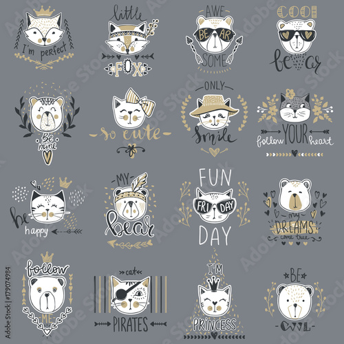 Big Vector collection with  cute animals. Set with teddy bears, cats, fox. Trendy design in sketch style  t-shirt print, cards, poster. Doodle kids series Funny characters. Cartoon art