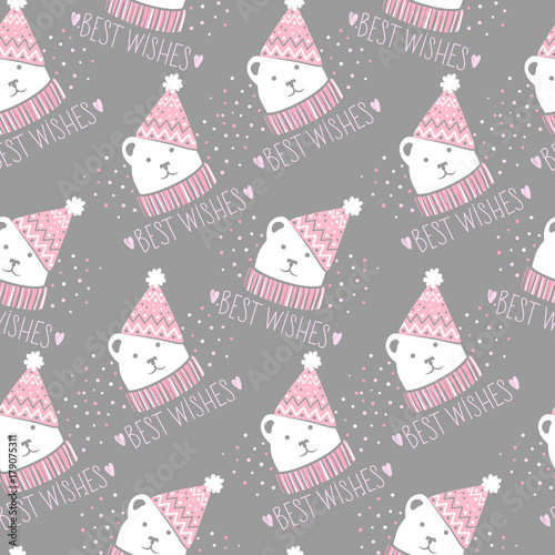 Vector seamless pattern with cute bears. Teddy bear background. Funny animals. Kids print. Winter design. Repeat texture for wrapping paper  textile  decor.