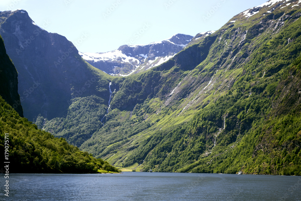 Green mountains and Waterfalls in Sognefjord Scandinavia. Norway