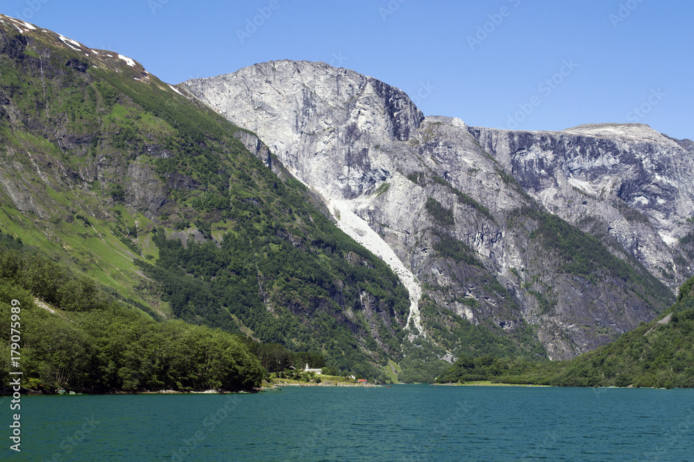 Green mountains and Waterfalls in Sognefjord Scandinavia. Norway