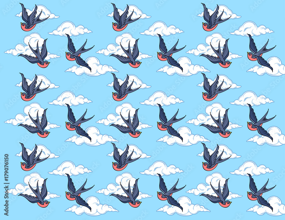 Fototapeta premium Swallows in the sky against the background of the clouds