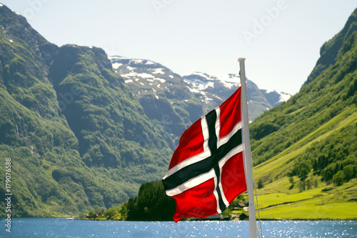 Green mountains and Waterfalls in Sognefjord Scandinavia. Norway