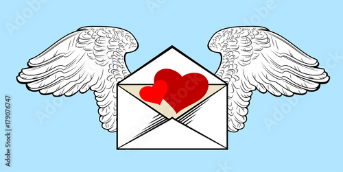A winged envelope with hearts inside. Valentine's Day