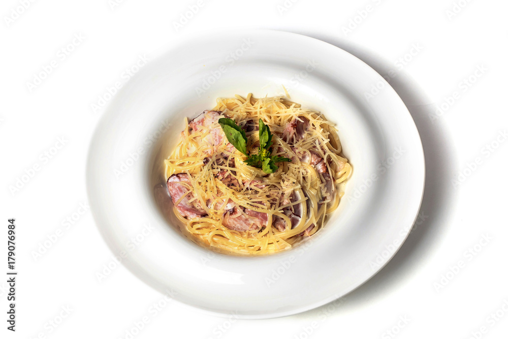 Pasta Carbonara with bacon, basil and cheese. Isolate on white background. Top view