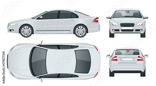 Business sedan vehicle. Car template vector isolated illustration View front, rear, side, top. Change the color in one click.