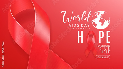 Web Banner for World Aids Day. Red Background with Realistic Satin Ribbon and Lettering. Healthcare Concept Logo. Vector Illustration.