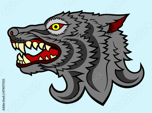 The head bared ferocious wolf. Drawing in the style of Old School Tattoos
