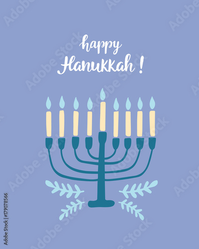 Happy Hanukkah greeting card with hand written modern brush lettering and menorah