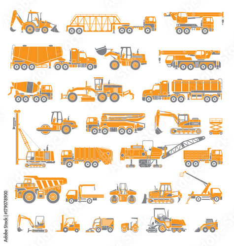 Big set of construction equipment. Special machines for the construction work. Forklifts, cranes, excavators, tractors, bulldozers, trucks. Special equipment. Road repair. Commercial Vehicles. Icons