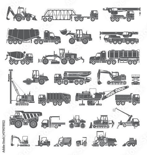 Big set of construction equipment. Special machines for the construction work. Forklifts, cranes, excavators, tractors, bulldozers, trucks. Special equipment. Road repair. Commercial Vehicles. Icons