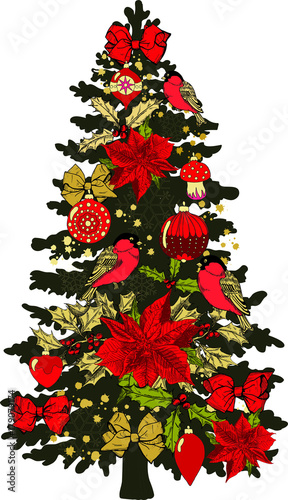 Christmas tree with ornaments, balls, poinsettia and bullfinches 