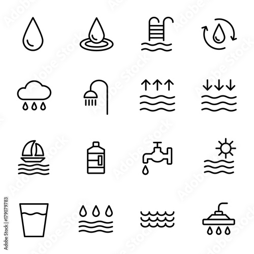 Water icon set in thin line style.  High quality black outline drop symbols for web site design and mobile apps.