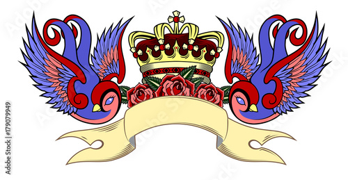 Swallows holding a crown, on a background of a banner and roses