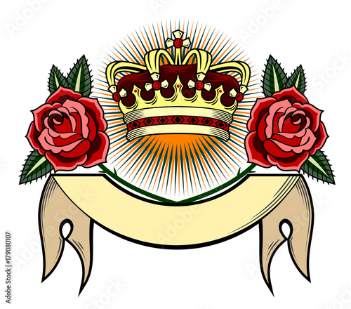 crown on banner and roses background