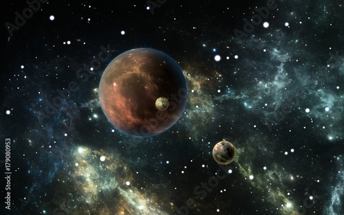 Fototapeta Naklejka Na Ścianę i Meble -  Exoplanets or Extrasolar planets with stars on background nebula, 3D illustration