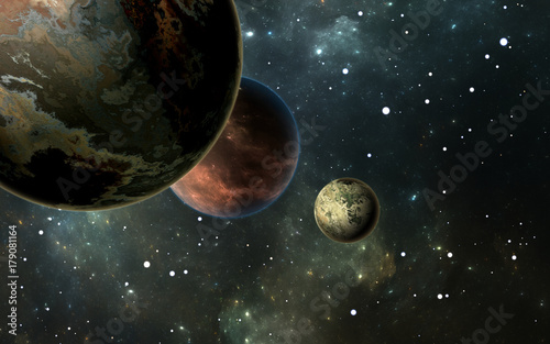 Fototapeta Naklejka Na Ścianę i Meble -  Exoplanets or Extrasolar planets with stars on background nebula, 3D illustration