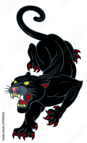 The black crouching panther. Drawing in the style of Old School tattoo 