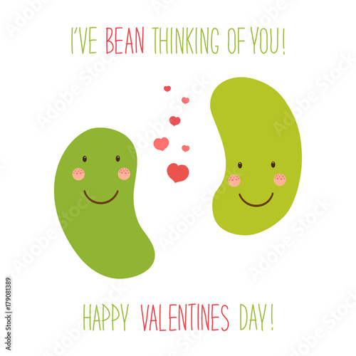 Cute unusual hand drawn Valentines Day card with funny cartoon characters of beans