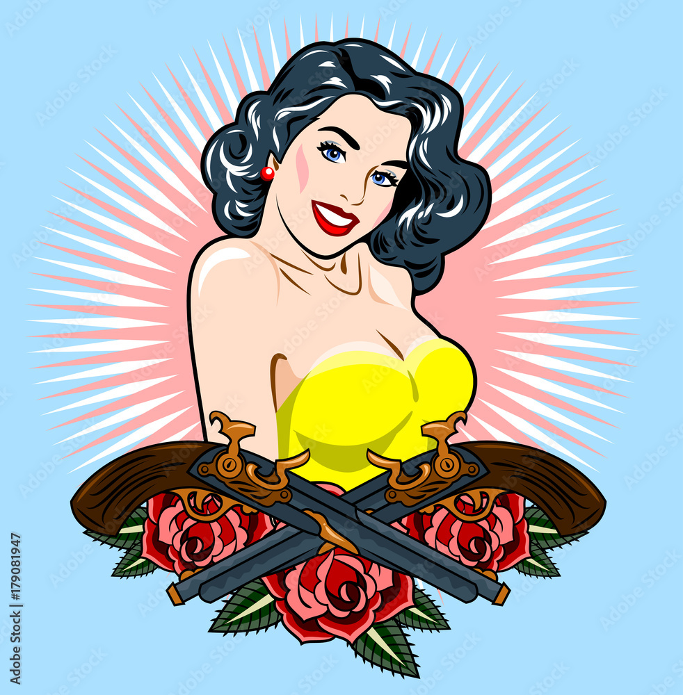 Image of a sexy girl in a traditional style of Old school tattoo pin up with beautiful flowers Stock Vector | Adobe Stock Image of a sexy girl in a traditional style of Old school tattoo pin up with beautiful flowers Stock Vector | Adobe Stock