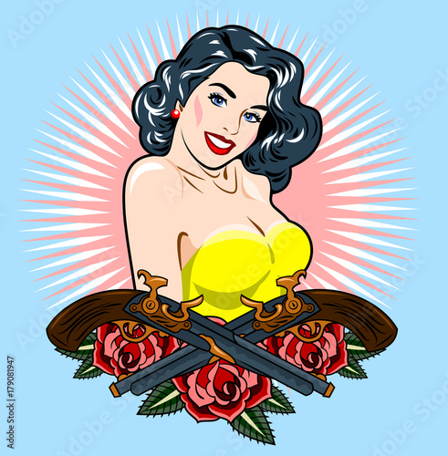 Image of a sexy girl in a traditional style of Old school tattoo pin up  with beautiful flowers