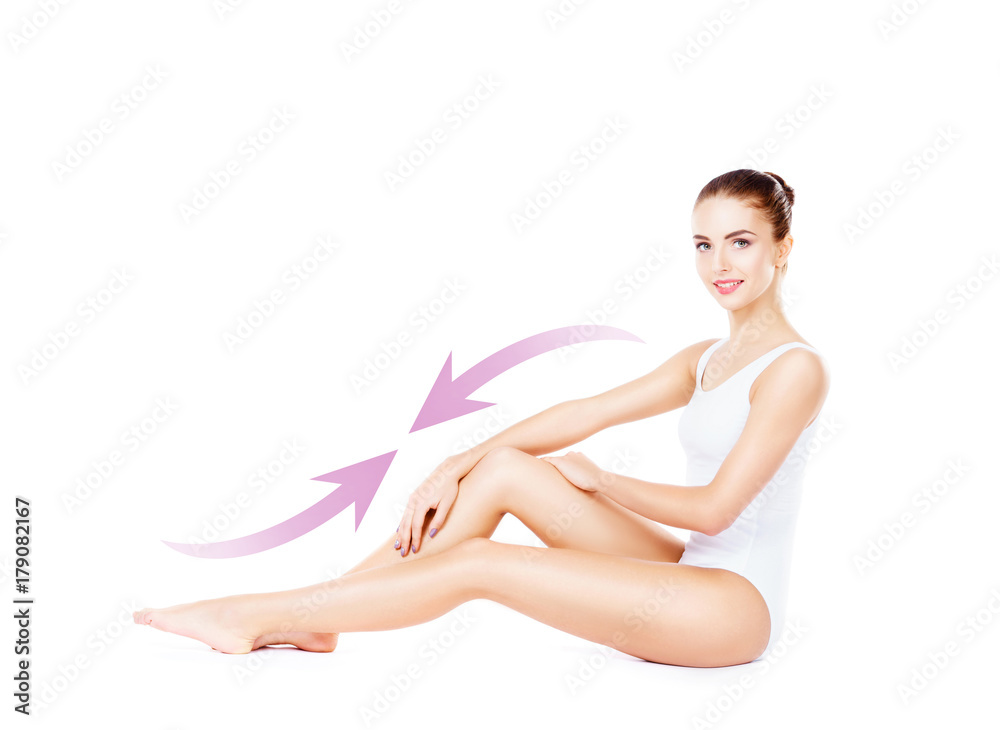 Obraz premium Fit and sporty young girl with arrows isolated on white background. Health, sport, fitness, nutrition, at lose, epilation, cellulite removal, liposuction, healthy life-style concept.