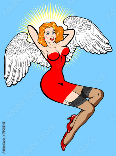 Image of sexy girl in the image of an angel . The traditional style of Old school tattoo pin-up