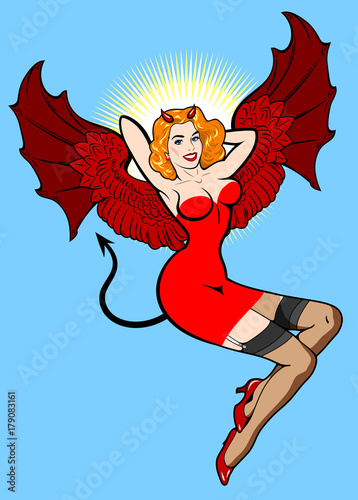 Image of sexy girl in the image of a demon. The traditional style of Old school tattoo pin-up