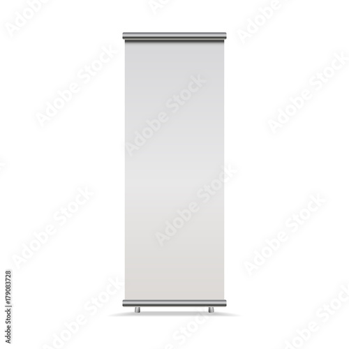 Vertical Roll-up banner isolated on white background, , front view. Vector empty show display mock up for presentation or exhibition photo