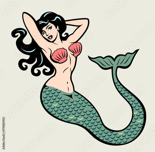 The image of a mermaid in the traditional style of Old school tattoo pin-up