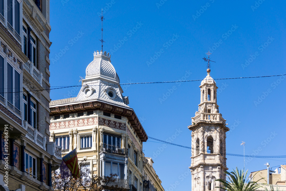 Street view of church landmarks of Valencia, Spain