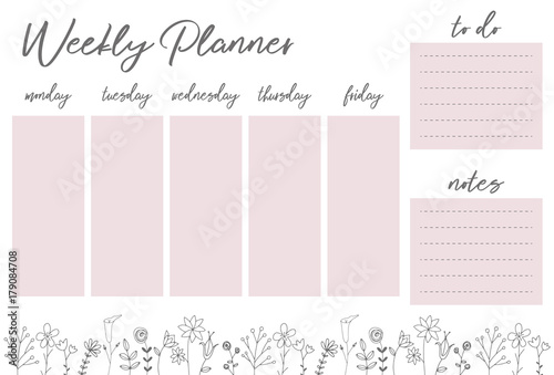 Weekly planner pink with flowers, stationery organizer for daily plans, floral vector weekly planner template, schedules
