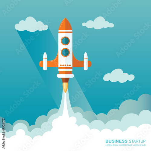 Launching a rocket into space. illustration of a business startup template. Flat design modern vector illustration concept of new project start up development and launch a new innovation product © subjob