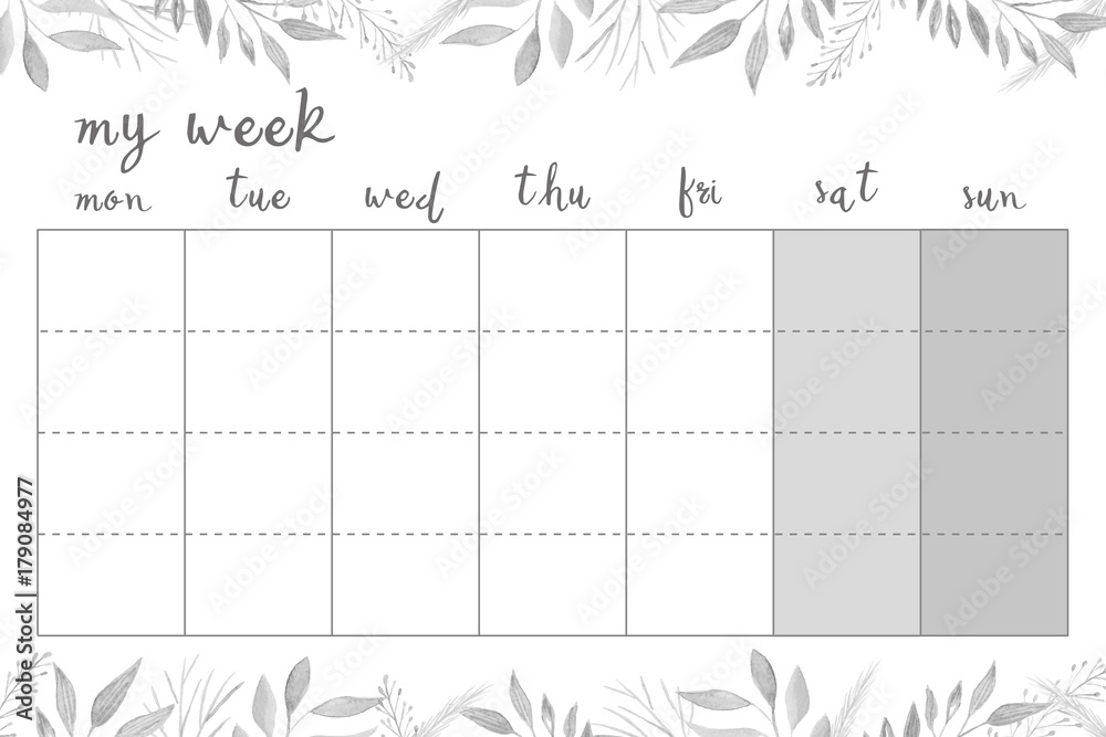 Weekly planner with watercolor leaves, stationery organizer for daily plans, floral vector weekly planner template, schedules - obrazy, fototapety, plakaty 