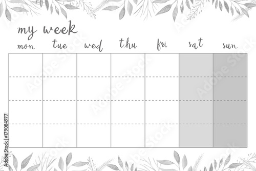 Weekly planner with watercolor leaves, stationery organizer for daily plans, floral vector weekly planner template, schedules photo