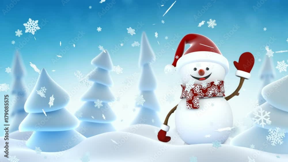 Funny Snowman in Santa Claus Cap Waving and Smiling in Winter Forest. Beautiful Looped 3d Cartoon Animation. Alpha Matte Green Screen. Merry Christmas and Happy New Year Concept. Full HD 1920x1080. Funny Snowman in Santa Claus Cap Waving and Smiling in Winter Forest. Beautiful Looped 3d Cartoon Animation. Alpha Matte Green Screen. Merry Christmas and Happy New Year Concept. Full HD 1920x1080.