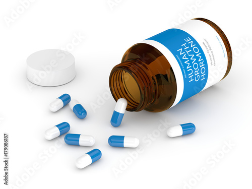 3d render of bottle with HGH pills  over white
