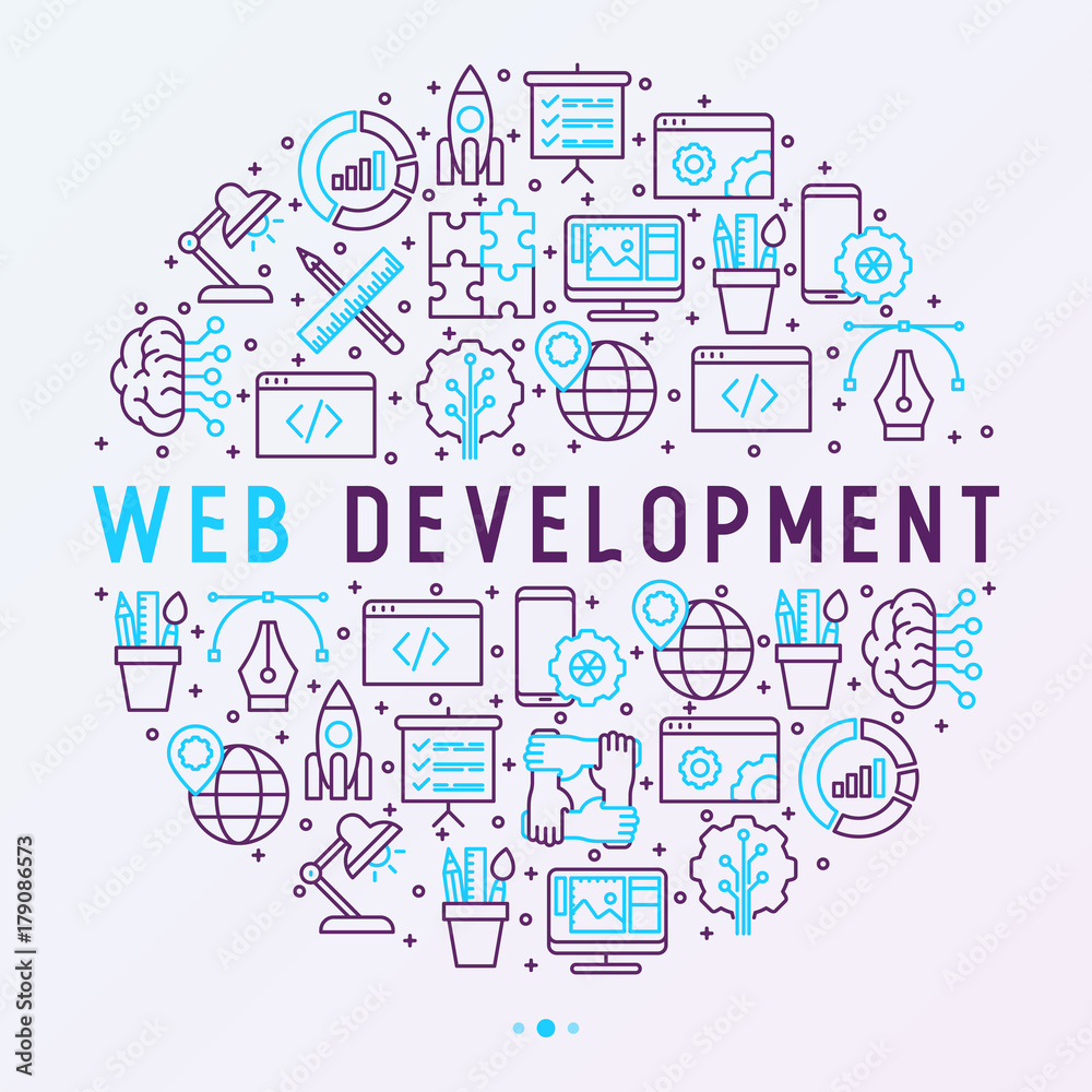 Web development concept in circle with thin line icons of programming, graphic design, mobile app, strategy, artificial intelligence, optimization, analytics. Vector illustration for web page.