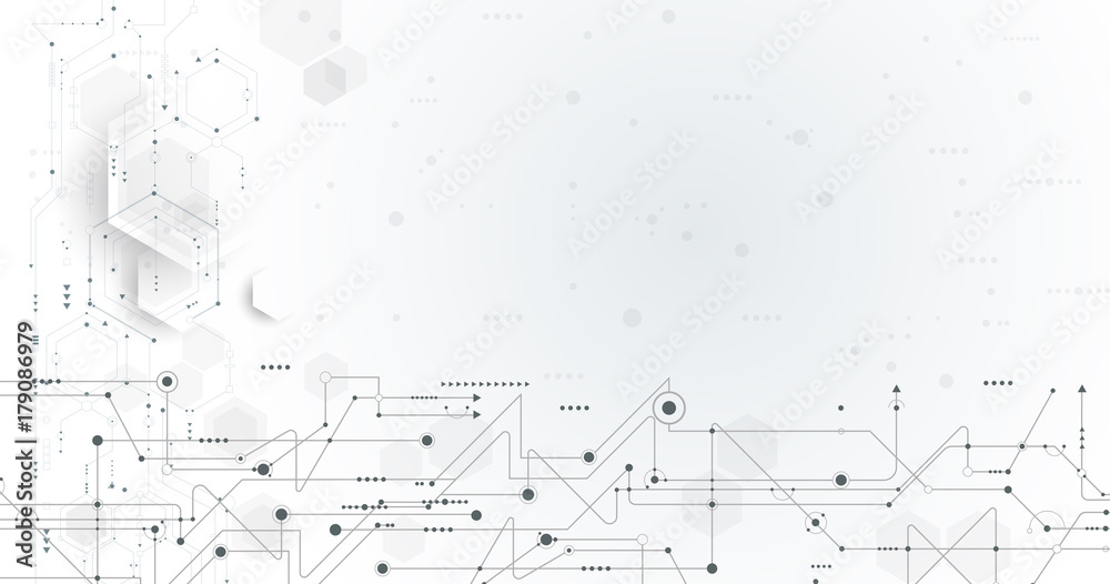 Vector illustration circuit board and hexagons background. Hi-tech digital technology and engineering, digital telecom technology concept. Vector abstract futuristic on white gray color background Vector illustration circuit board and hexagons background. Hi-tech digital technology and engineering, digital telecom technology concept. Vector abstract futuristic on white gray color background