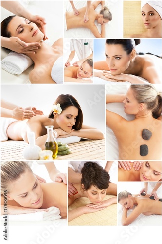 Massage and healing collection. Many different pictures of women relaxing in spa. Health and therapy concept.