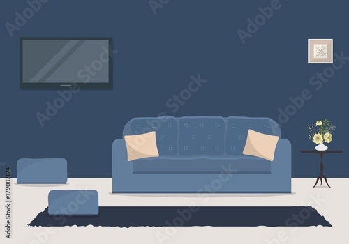 Living room in a blue color with a sofa and a home cinema. There is a table, a vase with flowers and a picture on the wall in the image. Vector flat illustration.