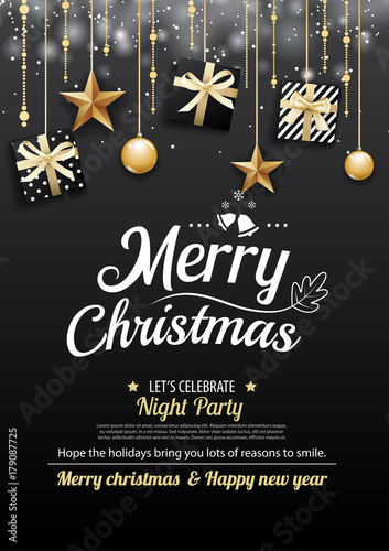 Merry christmas party and gift box on dark background invitation theme concept. Happy holiday greeting banner and card design template.